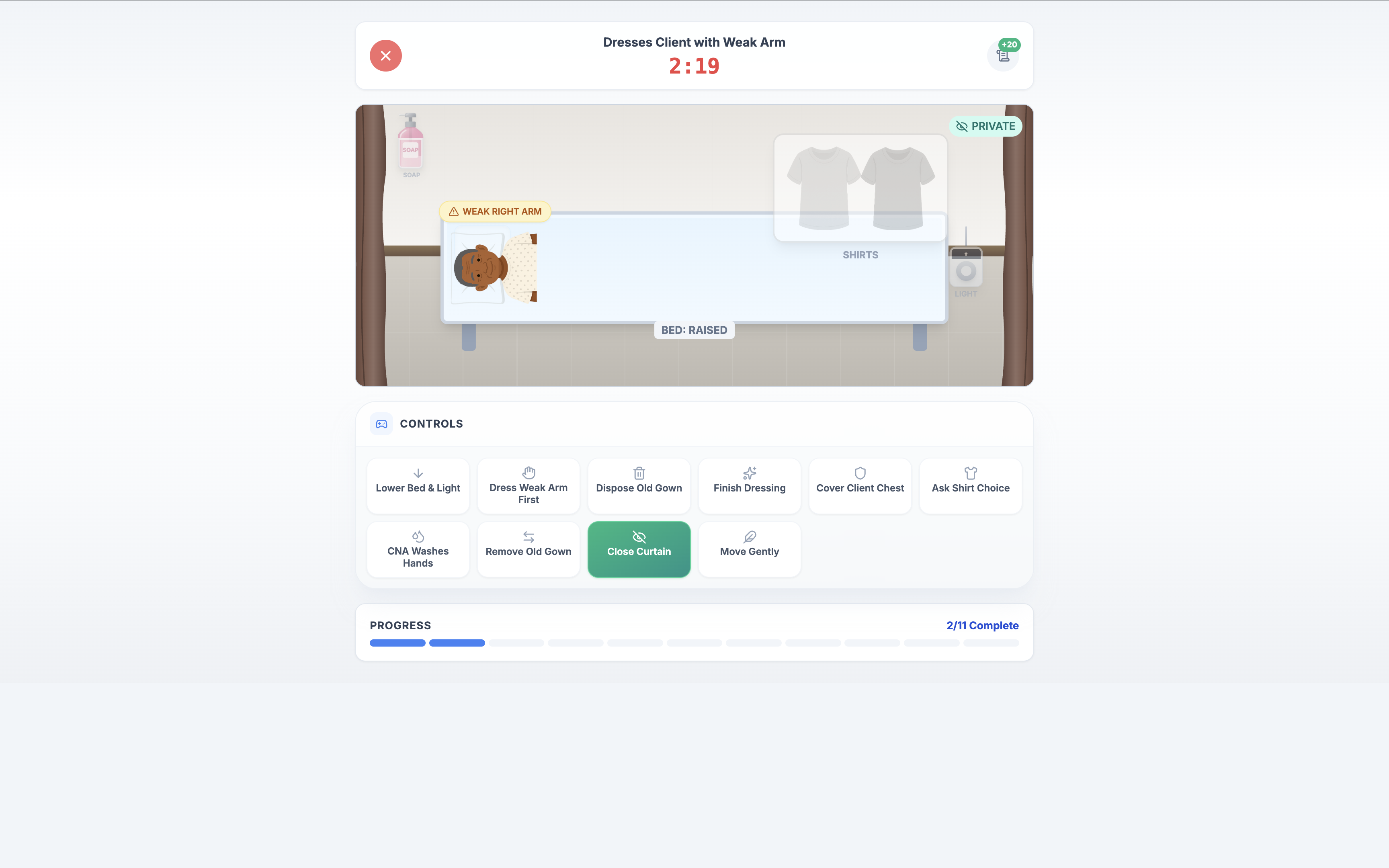 Interactive skill game showing step-by-step procedural practice