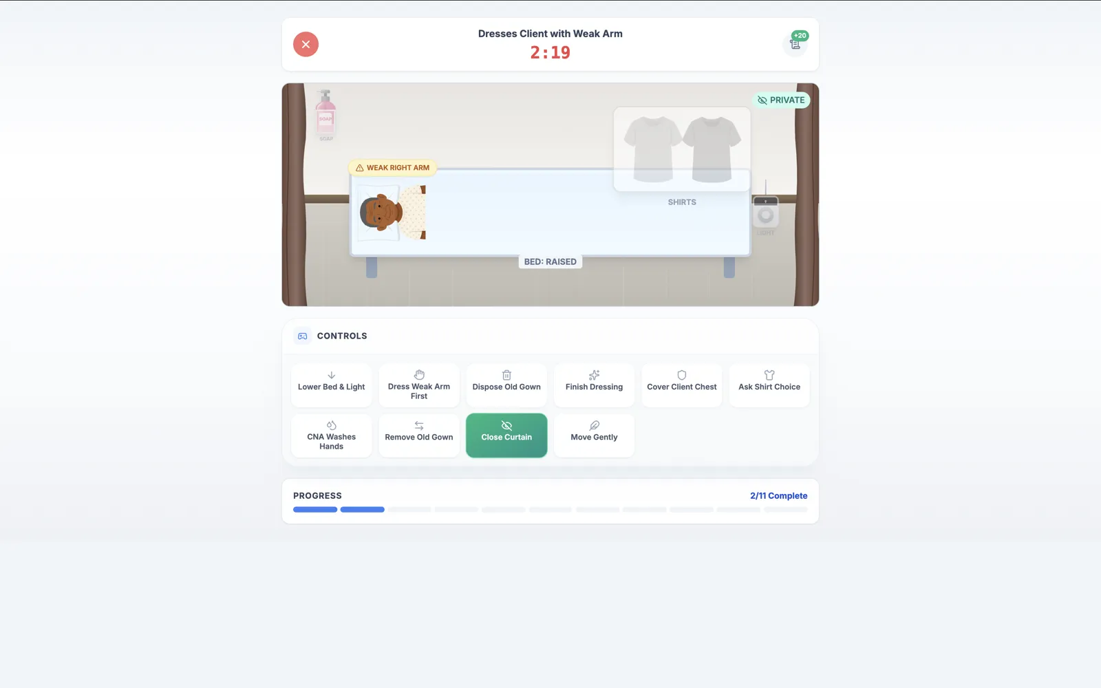 Interactive skill game showing step-by-step procedural practice